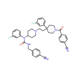 N#Cc1ccc(CNC(=O)N(c2cccc(F)c2)C2CCN(CCC3(c4cccc(F)c4)CCN(C(=O)c4ccc(C#N)cc4)CC3)CC2)cc1 ZINC000072149469