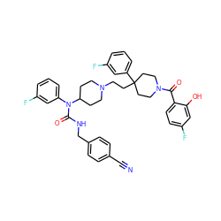 N#Cc1ccc(CNC(=O)N(c2cccc(F)c2)C2CCN(CCC3(c4cccc(F)c4)CCN(C(=O)c4ccc(F)cc4O)CC3)CC2)cc1 ZINC000072149431