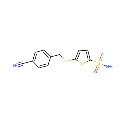 N#Cc1ccc(CSc2ccc(S(N)(=O)=O)s2)cc1 ZINC001772582767