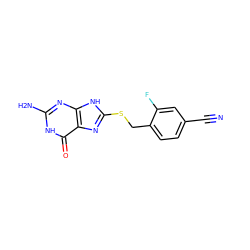 N#Cc1ccc(CSc2nc3c(=O)[nH]c(N)nc3[nH]2)c(F)c1 ZINC000584905216