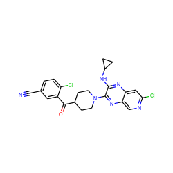 N#Cc1ccc(Cl)c(C(=O)C2CCN(c3nc4cnc(Cl)cc4nc3NC3CC3)CC2)c1 ZINC000144387099