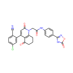 N#Cc1ccc(Cl)cc1-c1cc(=O)n(CC(=O)Nc2ccc(-c3noc(=O)[nH]3)cc2)c2c1C(=O)CCC2 ZINC000221000881