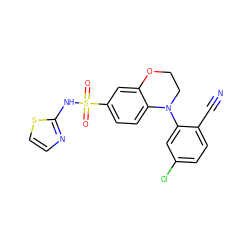 N#Cc1ccc(Cl)cc1N1CCOc2cc(S(=O)(=O)Nc3nccs3)ccc21 ZINC000220206939