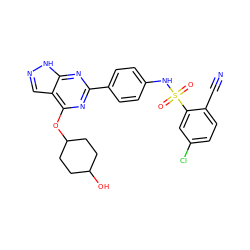 N#Cc1ccc(Cl)cc1S(=O)(=O)Nc1ccc(-c2nc(OC3CCC(O)CC3)c3cn[nH]c3n2)cc1 ZINC000299824975