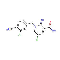 N#Cc1ccc(Cn2cc(Cl)cc(C(N)=O)c2=N)cc1Cl ZINC000147562588