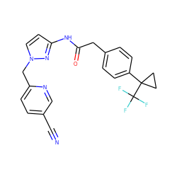 N#Cc1ccc(Cn2ccc(NC(=O)Cc3ccc(C4(C(F)(F)F)CC4)cc3)n2)nc1 ZINC001772572715