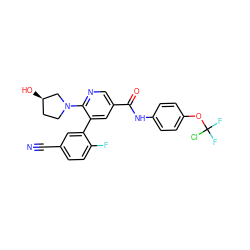 N#Cc1ccc(F)c(-c2cc(C(=O)Nc3ccc(OC(F)(F)Cl)cc3)cnc2N2CC[C@@H](O)C2)c1 ZINC000224428771