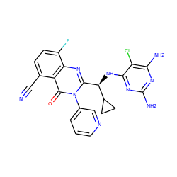 N#Cc1ccc(F)c2nc([C@@H](Nc3nc(N)nc(N)c3Cl)C3CC3)n(-c3cccnc3)c(=O)c12 ZINC001772588407