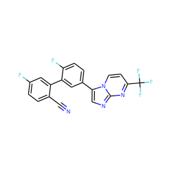 N#Cc1ccc(F)cc1-c1cc(-c2cnc3nc(C(F)(F)F)ccn23)ccc1F ZINC000013678273