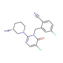 N#Cc1ccc(F)cc1Cn1c(N2CCC[C@@H](N)C2)ncc(Cl)c1=O ZINC000066112264