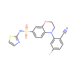 N#Cc1ccc(F)cc1N1CCOc2cc(S(=O)(=O)Nc3nccs3)ccc21 ZINC000205734142