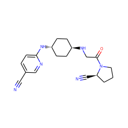 N#Cc1ccc(N[C@H]2CC[C@H](NCC(=O)N3CCC[C@H]3C#N)CC2)nc1 ZINC000299847864