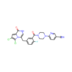 N#Cc1ccc(N2CCN(C(=O)c3cc(Cc4c[nH]c(=O)c5cc(Cl)c(Cl)n45)ccc3F)CC2)nc1 ZINC000049767634