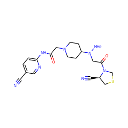 N#Cc1ccc(NC(=O)CN2CCC(N(N)CC(=O)N3CSC[C@H]3C#N)CC2)nc1 ZINC000049018228