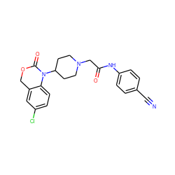 N#Cc1ccc(NC(=O)CN2CCC(N3C(=O)OCc4cc(Cl)ccc43)CC2)cc1 ZINC000013612800