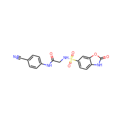 N#Cc1ccc(NC(=O)CNS(=O)(=O)c2ccc3[nH]c(=O)oc3c2)cc1 ZINC000103262834