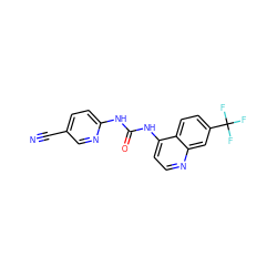 N#Cc1ccc(NC(=O)Nc2ccnc3cc(C(F)(F)F)ccc23)nc1 ZINC000063298422