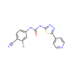 N#Cc1ccc(NC(=O)Nc2nnc(-c3ccncc3)s2)cc1Br ZINC000096284277