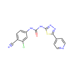 N#Cc1ccc(NC(=O)Nc2nnc(-c3ccncc3)s2)cc1Cl ZINC000096284268