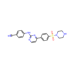 N#Cc1ccc(Nc2nccc(-c3ccc(S(=O)(=O)N4CCNCC4)cc3)n2)cc1 ZINC000013588920