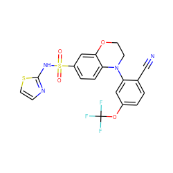 N#Cc1ccc(OC(F)(F)F)cc1N1CCOc2cc(S(=O)(=O)Nc3nccs3)ccc21 ZINC000205739555