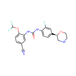 N#Cc1ccc(OC(F)F)c(NC(=O)Nc2ccc([C@@H]3CNCCO3)cc2F)c1 ZINC000149903583