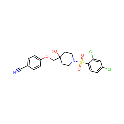 N#Cc1ccc(OCC2(O)CCN(S(=O)(=O)c3ccc(Cl)cc3Cl)CC2)cc1 ZINC000169329151