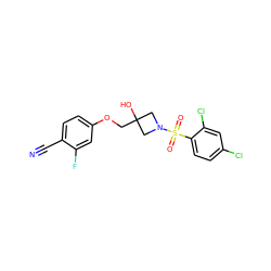 N#Cc1ccc(OCC2(O)CN(S(=O)(=O)c3ccc(Cl)cc3Cl)C2)cc1F ZINC000169330771