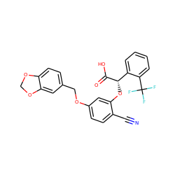 N#Cc1ccc(OCc2ccc3c(c2)OCO3)cc1O[C@H](C(=O)O)c1ccccc1C(F)(F)F ZINC000013558036