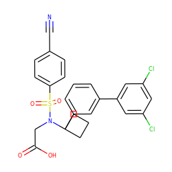 N#Cc1ccc(S(=O)(=O)N(CC(=O)O)C2(c3cccc(-c4cc(Cl)cc(Cl)c4)c3)CCC2)cc1 ZINC000118578017