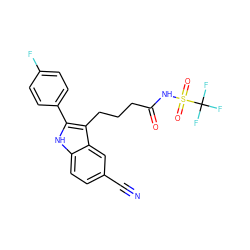 N#Cc1ccc2[nH]c(-c3ccc(F)cc3)c(CCCC(=O)NS(=O)(=O)C(F)(F)F)c2c1 ZINC000029041426