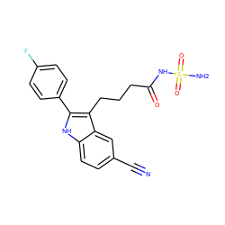 N#Cc1ccc2[nH]c(-c3ccc(F)cc3)c(CCCC(=O)NS(N)(=O)=O)c2c1 ZINC000029041445