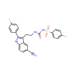 N#Cc1ccc2[nH]c(-c3ccc(F)cc3)c(CCNC(=O)NS(=O)(=O)c3ccc(F)cc3)c2c1 ZINC000029041494