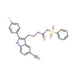 N#Cc1ccc2[nH]c(-c3ccc(F)cc3)c(CCNC(=O)NS(=O)(=O)c3ccccc3)c2c1 ZINC000029041496