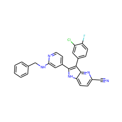 N#Cc1ccc2[nH]c(-c3ccnc(NCc4ccccc4)c3)c(-c3ccc(F)c(Cl)c3)c2n1 ZINC000045506295