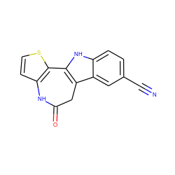 N#Cc1ccc2[nH]c3c(c2c1)CC(=O)Nc1ccsc1-3 ZINC000013532151