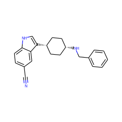 N#Cc1ccc2[nH]cc([C@H]3CC[C@@H](NCc4ccccc4)CC3)c2c1 ZINC000100890173