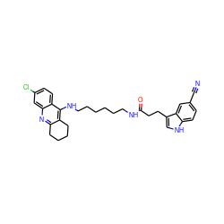 N#Cc1ccc2[nH]cc(CCC(=O)NCCCCCCNc3c4c(nc5cc(Cl)ccc35)CCCC4)c2c1 ZINC000013675654