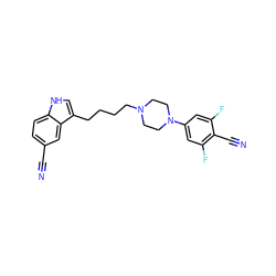 N#Cc1ccc2[nH]cc(CCCCN3CCN(c4cc(F)c(C#N)c(F)c4)CC3)c2c1 ZINC000013582527