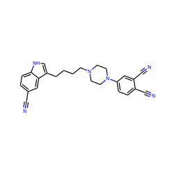 N#Cc1ccc2[nH]cc(CCCCN3CCN(c4ccc(C#N)c(C#N)c4)CC3)c2c1 ZINC000013582507