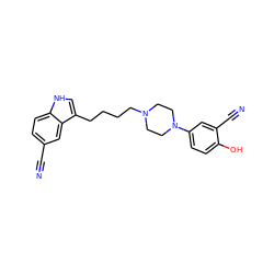 N#Cc1ccc2[nH]cc(CCCCN3CCN(c4ccc(O)c(C#N)c4)CC3)c2c1 ZINC000013582522