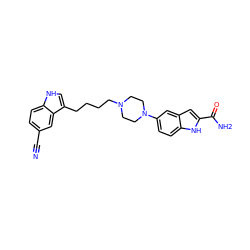 N#Cc1ccc2[nH]cc(CCCCN3CCN(c4ccc5[nH]c(C(N)=O)cc5c4)CC3)c2c1 ZINC000013582557