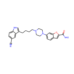 N#Cc1ccc2[nH]cc(CCCCN3CCN(c4ccc5cc(C(N)=O)oc5c4)CC3)c2c1 ZINC000013582547