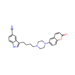 N#Cc1ccc2[nH]cc(CCCCN3CCN(c4ccc5oc(=O)ccc5c4)CC3)c2c1 ZINC000001546681