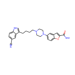 N#Cc1ccc2[nH]cc(CCCCN3CCN(c4ccc5oc(C(N)=O)cc5c4)CC3)c2c1 ZINC000001542113