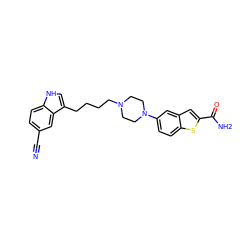 N#Cc1ccc2[nH]cc(CCCCN3CCN(c4ccc5sc(C(N)=O)cc5c4)CC3)c2c1 ZINC000013582560