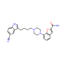 N#Cc1ccc2[nH]cc(CCCCN3CCN(c4cccc5cc(C(N)=O)oc45)CC3)c2c1 ZINC000012356448