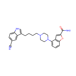 N#Cc1ccc2[nH]cc(CCCCN3CCN(c4cccc5oc(C(N)=O)cc45)CC3)c2c1 ZINC000013582549