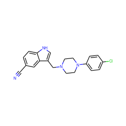 N#Cc1ccc2[nH]cc(CN3CCN(c4ccc(Cl)cc4)CC3)c2c1 ZINC000013835350