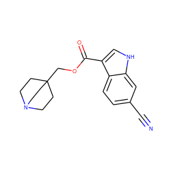 N#Cc1ccc2c(C(=O)OCC34CCN(CC3)CC4)c[nH]c2c1 ZINC001772601889